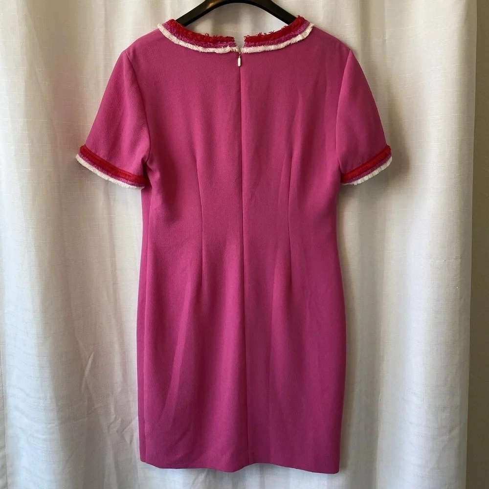 Trina Turk Pink Short Sleeve V-Neck Shift Dress Orange And White Fringe Sz 8 - Picture 10 of 14